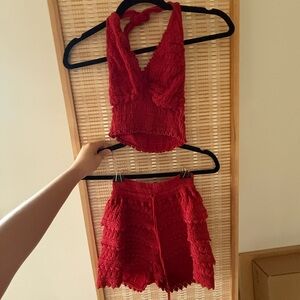 Red Crochet Two-Piece Halter Crop Top & Skort Set